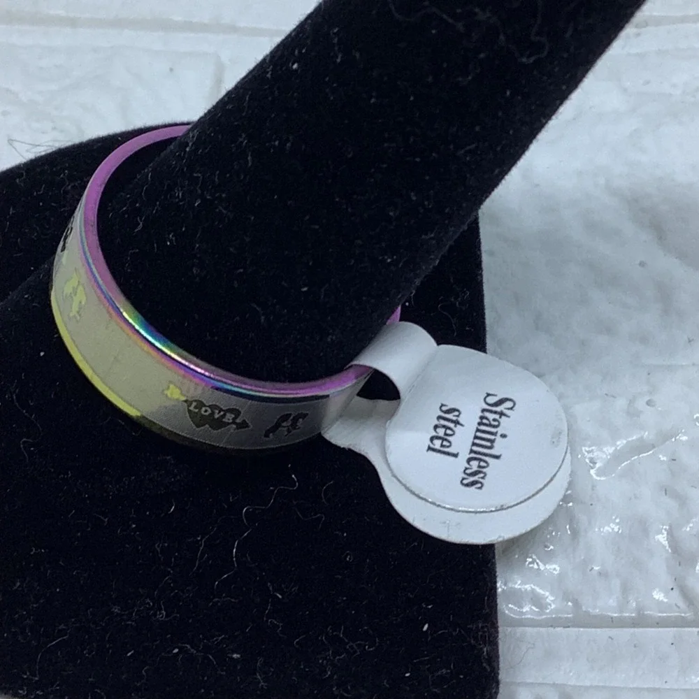 Rainbow Love Ring Unisex Size 12 Silver‎ Tone Stainless Steel Metallic Band Ring